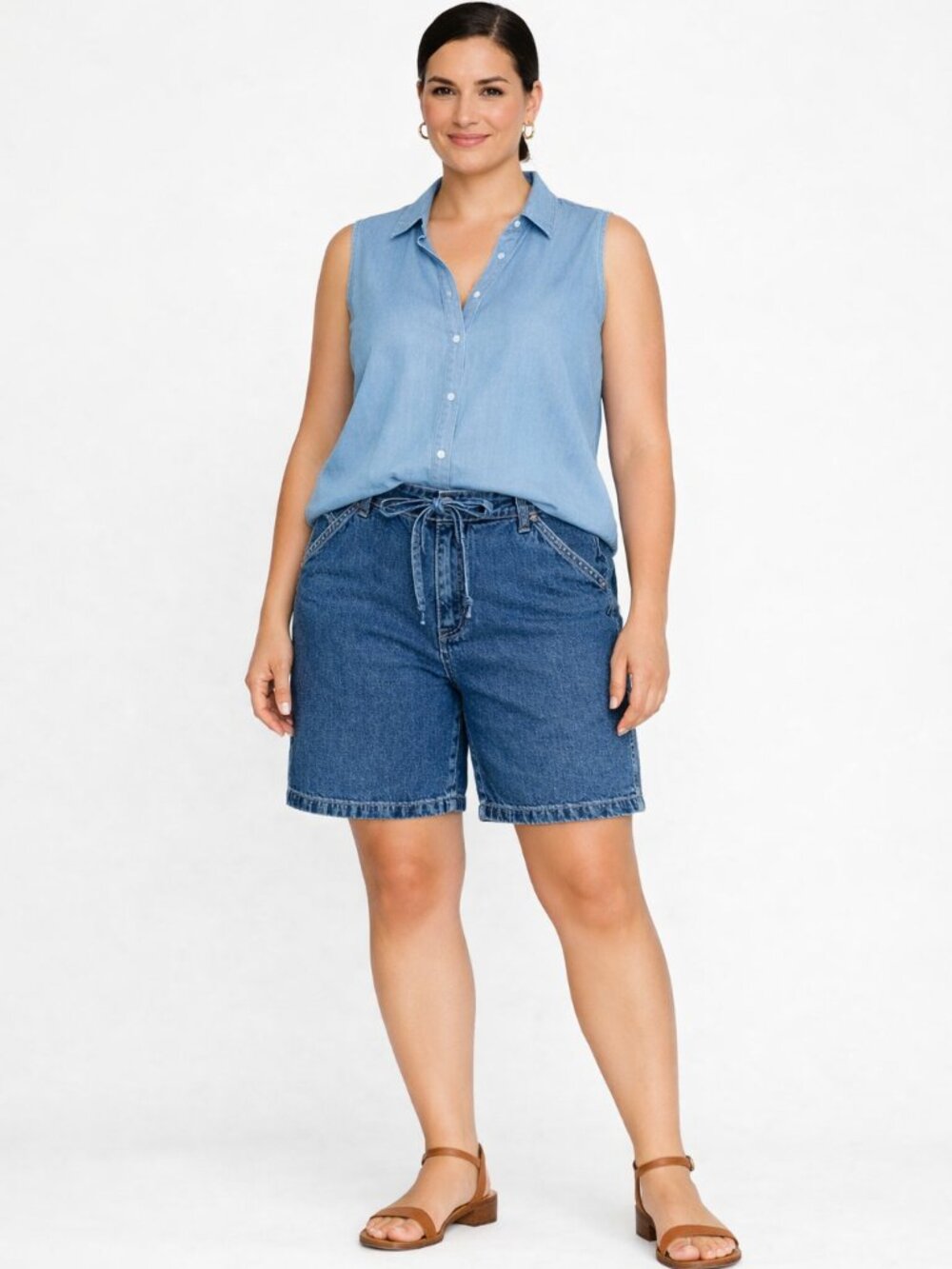 Liz Claiborne jean shorts 100% cotton five pocket zip button and tie Closure S14